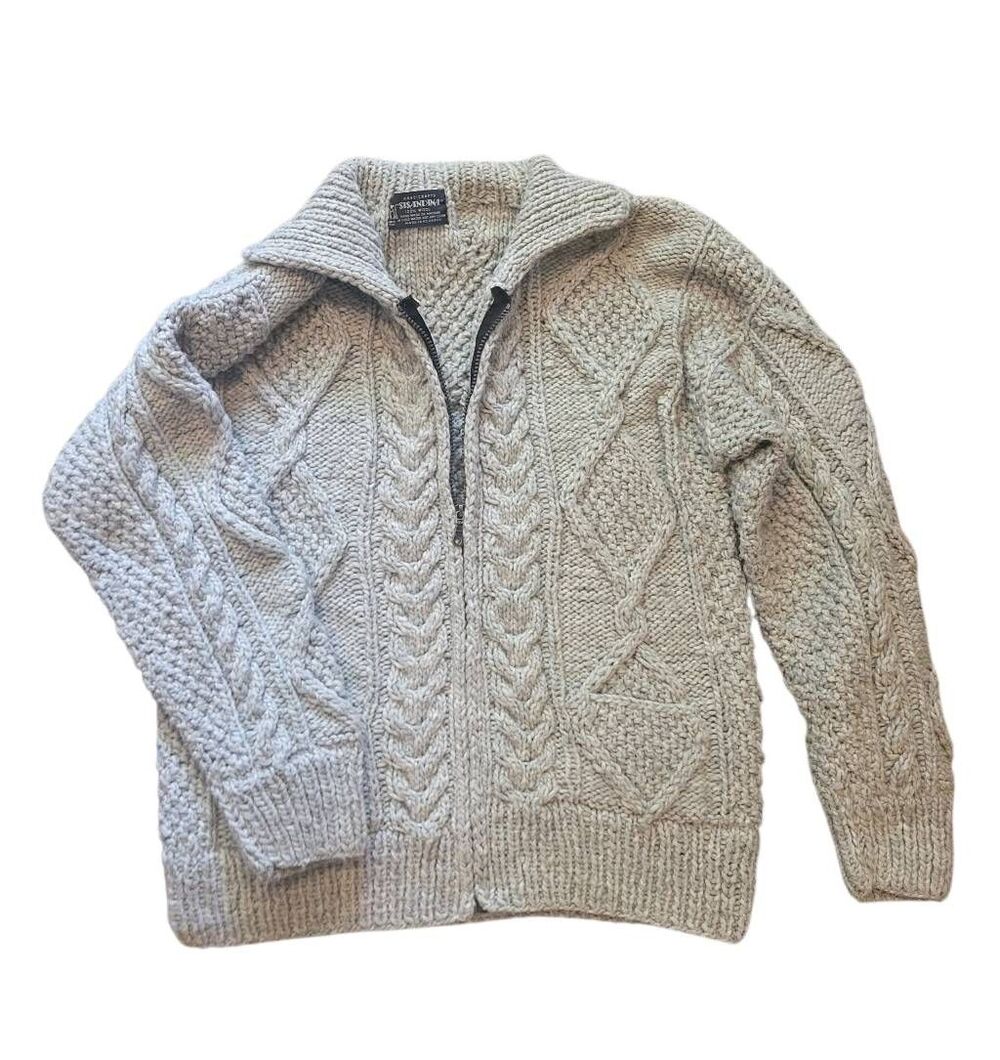 Sisandina Handicrafts Sweater Women's XL Grey Wool Cable Cardigan Vintage 90s